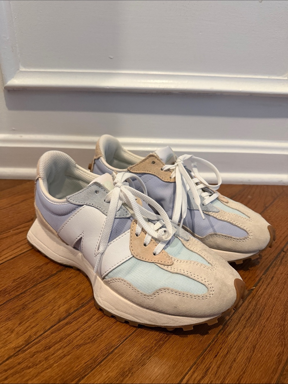 New Balance 327 Light Blue White Tan Sneakers